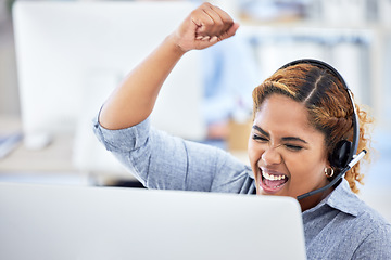 Image showing Woman, computer and fist pump for win, call center and bonus or yes, emoji and corporate success. Telemarketing agent, winner and achievement in sales, target and goal or deal, celebrate and energy