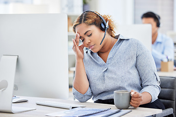 Image showing Woman, call center and headache or stress, frustrated and burnout or crisis, tired and fatigue for fail. Black female agent, migraine and exhausted at work, depression and anxiety or drinking coffee