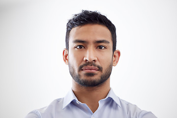 Image showing Asian man, serious and portrait with confident for career pride, job growth and consultant in mockup. Professional person, face or about us for company, start up or business trust by white background