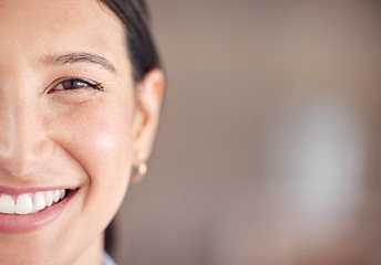 Image showing Woman, portrait and eyes with smile for vision, eye exam and optometry with assessment or consultation. Half, face and happy at optometrist for eyecare, healthcare and wellness with confidence or joy