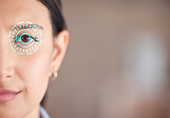 Image showing Woman, face and eye scan in cybersecurity, verification or biometrics at office on mockup space. Closeup portrait of female person scanning retina or sight for identity, visual or access at workplace