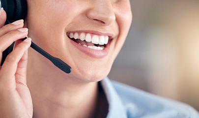 Image showing Mouth, woman and smile in call center for telemarketing, customer service or advisory help, CRM questions and FAQ contact. Closeup, face and microphone of happy sales agent for telecom or IT support