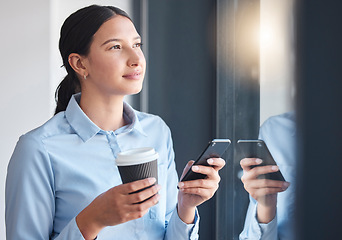 Image showing Business woman, phone and thinking on coffee break of social media, marketing solution or ideas by window. Professional employee with vision for career communication, networking or chat on her mobile
