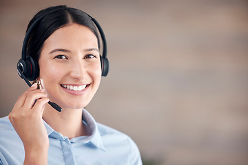 Image showing Portrait, woman and smile in call center for customer service, CRM contact or telemarketing advice at mockup space. Happy telecom consultant, microphone and help in sales, IT questions or FAQ support