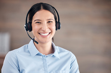 Image showing Portrait, woman and smile in call center for telemarketing, customer service and advisory contact, CRM help and FAQ support. Face, microphone and happy telecom consultant for sales, IT and questions