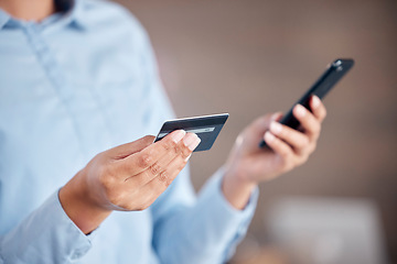 Image showing Business woman, hands and phone with credit card for payment, online banking or ecommerce at office. Closeup of female person with debit on mobile smartphone for fintech purchase, shopping or buying