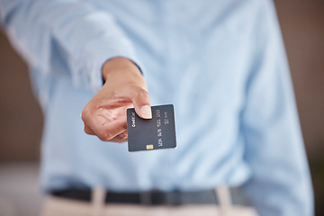 Image showing Business hands, credit card and giving, offer or payment with digital money, commerce or a financial loan. Professional person with debit, banking or salary and income for bills, account and shopping