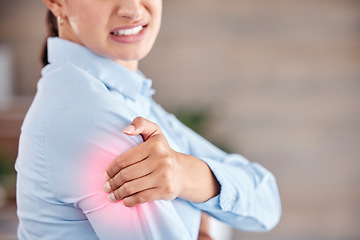 Image showing Business woman, shoulder pain and injury from accident, inflammation or sore joint at office. Closeup of female person and ache, strain or broken arm in cramp, muscle tension or red area at workplace