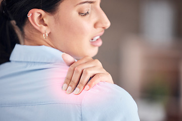 Image showing Hand, injury or shoulder pain with a business woman closeup in an office with posture problems. Back, anatomy and highlight with a young employee holding a muscle or joint in a professional workplace