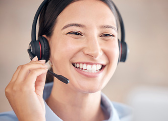 Image showing Call center, face of woman or smile for customer service, CRM contact or telemarketing advice. Happy telecom consultant, microphone or communication at help desk in sales, IT questions or FAQ support
