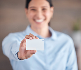Image showing Business, woman and hand with card or smile for advertising, marketing or networking in office. Entrepreneur, professional or person with tag, id or blank pass for security access or identity at work