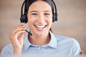 Image showing Call center, woman and smile for online customer service, CRM contact or telemarketing advice. Happy telecom consultant, microphone or communication at help desk in sales, IT questions or FAQ support