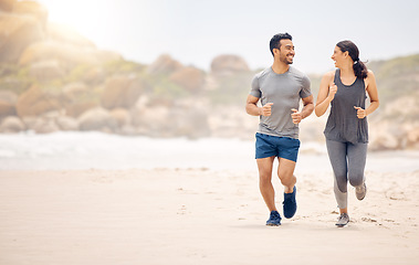 Image showing Couple of friends, running and fitness on beach for workout, training and happy with cardio health and nature mockup. Excited woman, man or personal trainer by ocean and outdoor for exercise together