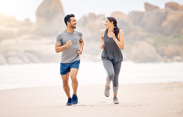 Image showing Couple of friends, running and exercise by ocean in fitness training, accountability and cardio for race or support. Happy plus size woman, man or personal trainer by beach or outdoor for workout