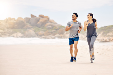 Image showing Couple of friends, running and exercise on beach for workout, training and happy with cardio health on nature mockup. Excited woman, man or personal trainer thinking of outdoor fitness by the ocean