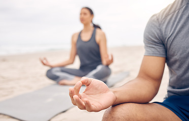 Image showing People, lotus hands and beach meditation for zen fitness, calm exercise and mindfulness or holistic wellness. Yoga class outdoor with person in meditation for peace and mental health by sea or nature