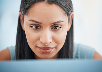 Image showing Business, thinking and woman with a laptop, ideas and connection with internet, professional and solution. Agent, person and employee with pc, worker and online reading with planning, tech and choice