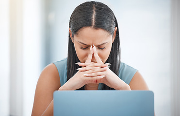 Image showing Frustrated business woman, laptop and headache in mistake, stress or anxiety and mental health at office. Female person or employee with migraine in depression, overworked or burnout at workplace