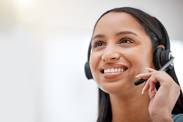 Image showing Call center headset, professional face and happy woman services, telemarketing sales pitch or callcenter mockup space. Customer care, bank advisory talk or insurance agent networking on help desk mic