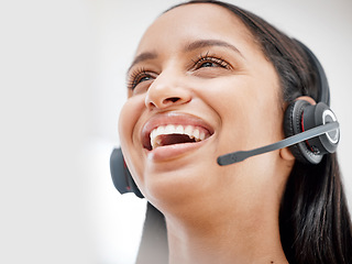 Image showing Telemarketing headset, professional face and happy woman laugh at funny sales pitch, callcenter joke or consultation humour. Customer care, outsourcing or closeup consultant talking on help desk mic