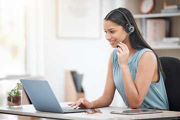 Image showing Telemarketing, laptop and happy business woman reading contact center info, callcenter feedback or tech support. Help desk customer care, sales numbers and telecom agent consulting on lead generation