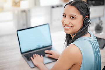 Image showing Call center laptop screen, portrait and happy woman in business ecommerce, bank CRM administration or customer support. Help desk receptionist, online outsourcing UI and mockup lead generation space