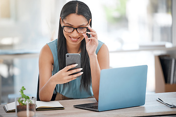 Image showing Phone, happy and business woman reading online schedule, company agenda or personal assistant check social media communication. Smartphone, mobile app and event planner review digital calendar info