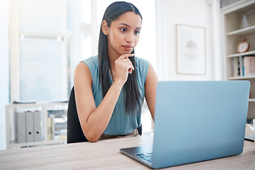 Image showing Business, thinking and woman with a laptop, problem solving and connection with internet, website info and planning. Office, person and employee with pc, worker and professional with tech and choice