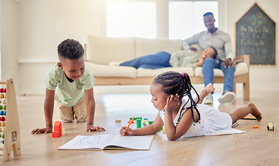 Image showing Children, book and colouring on floor, fun and learning for development, homework and playing at home. Black kids, education and creative project or art, notebook and homeschooling or happy drawing