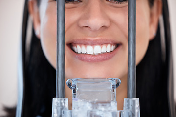 Image showing Closeup, woman or digital for scan of mouth, xray or examination at dentist. Female, patient and smile for dental checkup with oral hygiene, teeth and gum healthcare with technology in doctor office