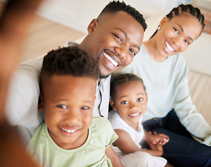 Image showing Selfie, happy family and children with smile in home for profile picture, social media and post. Parents, brother and sister with excitement with memory, bonding and together on sofa in living room