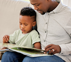 Image showing Father, reading and child with book in home on sofa with development of education, learning and knowledge. Happy dad, teaching and show kid storytelling in books and relax in living room on couch