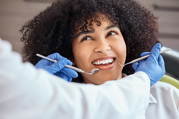 Image showing Woman, dentist or cleaning tools of teeth, consultation or examination in chair at surgery. Female, patient and smile in checkup for oral hygiene, mouth and gum healthcare with orthodontist in office