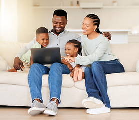 Image showing Happy family, laptop and streaming with smile on sofa for entertainment, video or movie. Black man, woman and children in laugh for funny joke on technology by internet, website or app in living room