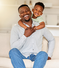 Image showing Dad, son or hug on sofa in portrait, love or happy family with wellness in living room. Black people, man and child together with smile face, care bonding and weekend with gratitude support in house