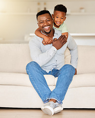 Image showing Dad, son or embrace on sofa in portrait, love or happy family with wellness in living room. Black people, man and child together with smile face, care bonding and weekend with gratitude hug in house