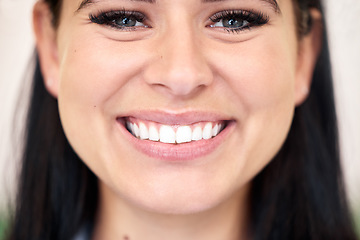 Image showing Dental, woman and portrait for teeth whitening, smile and oral health with tooth implant and cosmetics. Dentistry, person and face or happy with invisalign treatment, gum healthcare and wellness