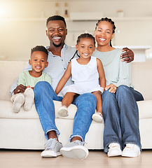 Image showing Happy family, portrait or love on sofa, care or together with wellness in living room. Black people, woman or man with children for smile face, relax bonding or weekend for gratitude support in house