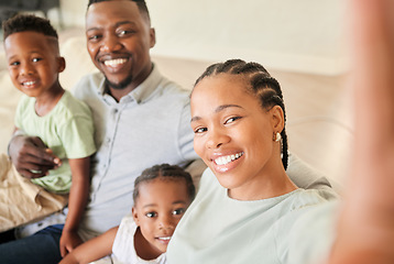 Image showing Selfie, happy family and children in home for social media, profile picture or post. Black people, little girl and boy with smile in excitement for memory, bonding and together on sofa in living room