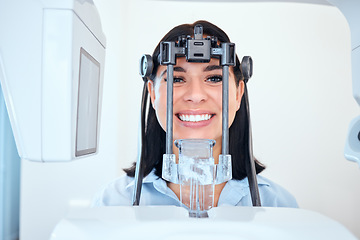 Image showing Woman, portrait and xray machine at dentist for dental appointment, mouth checkup or cleaning at clinic. Happy female person or patient smile in teeth scan for surgery, oral and gum care at hospital