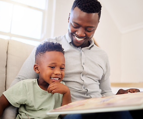 Image showing Happy dad, reading and child in home with a book on sofa for development of language, education and learning. Father, teaching and show kid a storytelling in books and relax in living room on couch