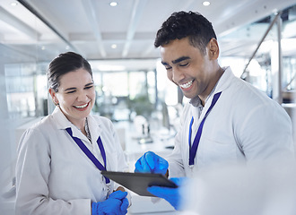Image showing Tablet, scientist and happy in laboratory for healthcare, gloves and medical research for vaccine cure. Woman, man and diversity by touchscreen and pharmaceutical analysis with science collaboration