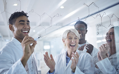 Image showing Group, board and meeting with science, applause and planning with support, cooperation or teamwork. Achievement, formula or people with dna research, collaboration or clapping with cure development