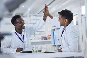 Image showing Science, high five and doctors in laboratory for celebration, deal or onboarding success. Teamwork, medical research and scientist in partnership, collaboration or congratulations for men in clinic.