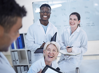 Image showing Tablet, student and internship with doctors for happy by presentation and funny joke in classroom. Medical faculty, diversity and laughing with touchscreen, online healthcare talk and genetics class