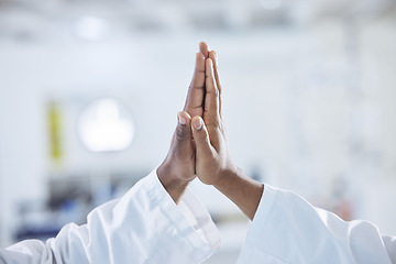 Image showing Science, hands and scientist high five in a laboratory with success, celebration or support zoom. Pharma, partnership and doctors with goal emoji for medical, solution and lab, teamwork or motivation