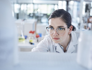 Image showing Woman, medical research and lab thinking for vial discovery or future vaccine, review or health technology. Female person, glasses in study breakthrough or antibiotic, help results or innovation idea