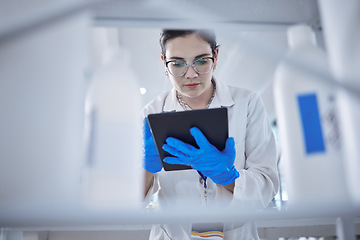 Image showing Woman, medical research and tablet in lab for test results check, future pill trial or science study. Female person, digital device and report or review breakthrough hope, idea in work biotechnology