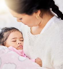 Image showing Mother, baby and sleeping with love and care or security with rest or nap in comfort and peace. A woman and girl child asleep in arms of a mom for safety in a family home for growth and dream