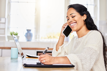 Image showing Happy woman, writing and phone call in remote work, finance or discussion in kitchen at home. Female person or freelancer talking on mobile smartphone or computer for financial advice or conversation